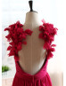 Red Chiffon Flower Decorated Straps Long Prom Dress